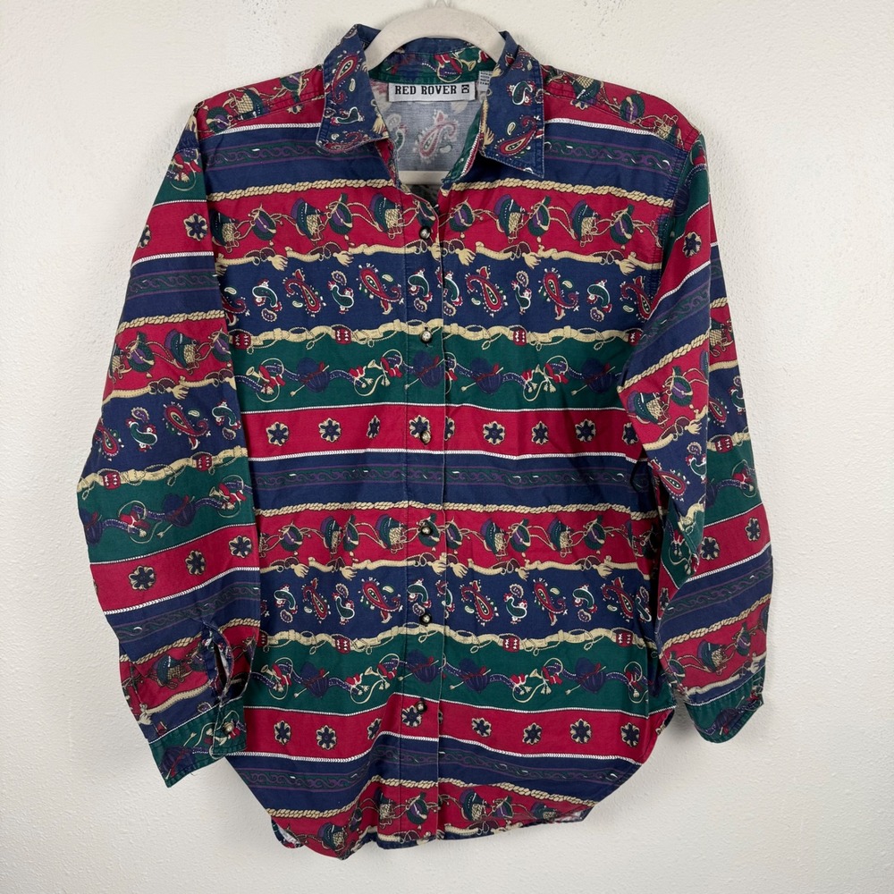 Red Rover Mens Medium Cotton Long Sleeve Paisley Stripe Button Down Shirt Multi
